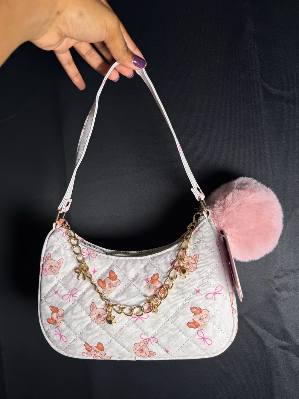 White Quilted Shoulder Bag with Pink Pom Pom Charm
